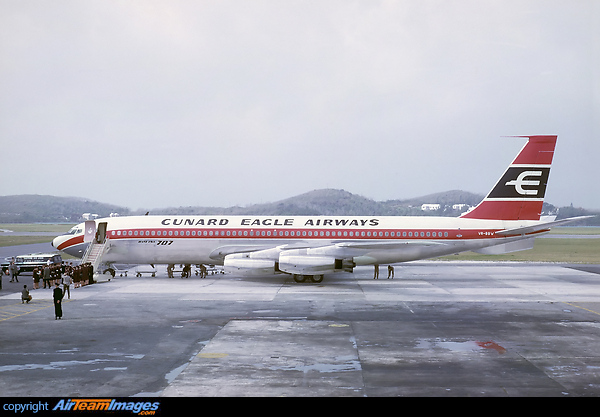 Very rare publicity photo on its first flight to the Bahamas. Delivered to Cunard Eagle Airways on 27/02/62 as VR-BBW, re-registered G-ARWD and merged with BOAC/Cunard 28/07/62 so this aircraft was only in the Cunard Eagle Airways scheme for 7 months. Boeing 707-465