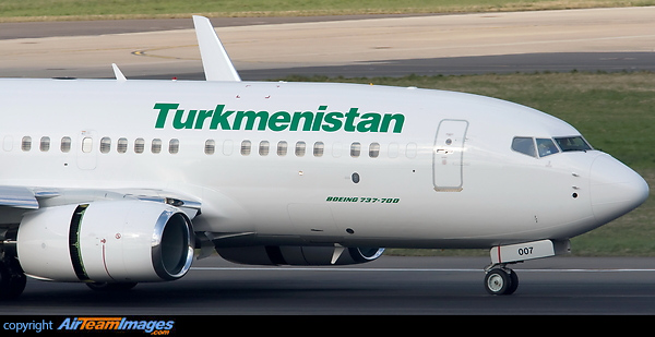 Close up of the new Turkmenistan Airlines Boeing 737 -700 on arrival at Birmingham for a quick fuel stop while on delivery. Boeing 737-7GL